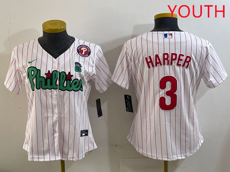 Youth Philadelphia Phillies #3 Harper White Stripe Second generation joint name 2025 Nike MLB Jersey style 6->youth mlb jersey->Youth Jersey